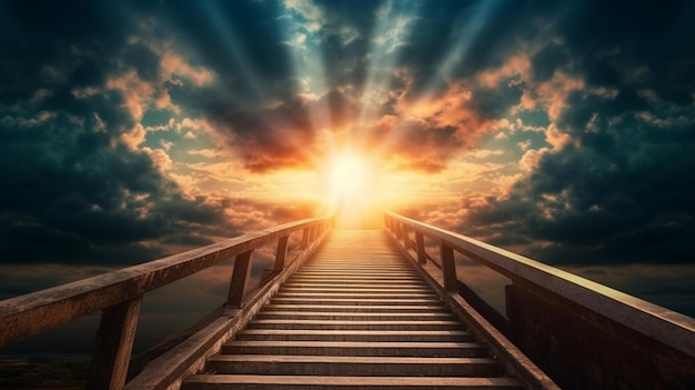 Ascending stairs to the sun God is great bright heavenly light background religion wonderful sky the dawn sky born light solar flare up