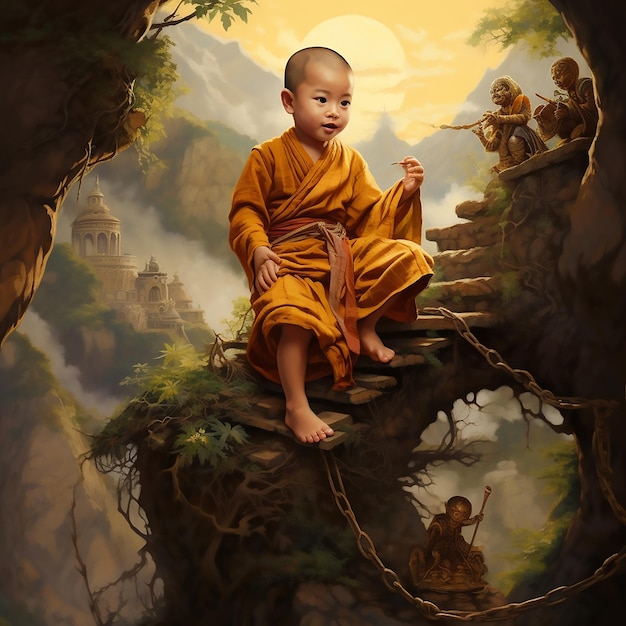 Ascending Tranquility Small Monk Climbing a Tree in the Spirit of Gautam Buddha