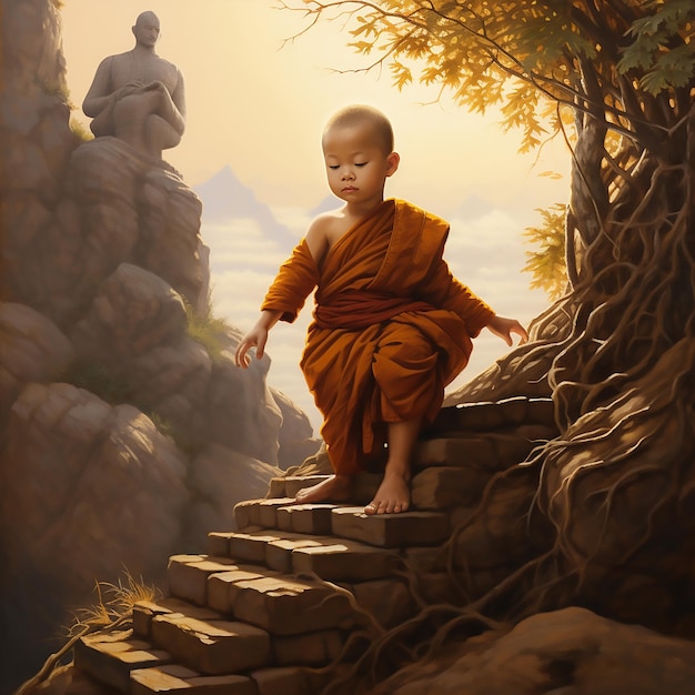 Ascending Tranquility Small Monk Climbing a Tree in the Spirit of Gautam Buddha