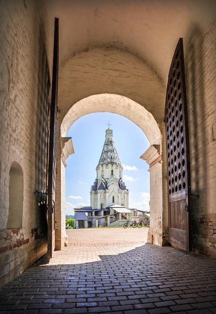 Ascension Church in the arch of the gate in Kolomenskoye in Moscow on a summer sunny day