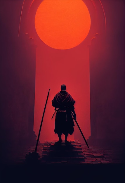 Ascetic monk samurai android The Darkest Dungeon vfx postprocessing wide perspective dramatic lights dust particles ultra detailed micro details grand composition cinematicai generated art