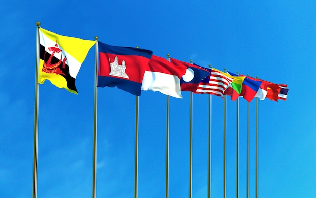 Asean Economic Community flags on the blue sky background