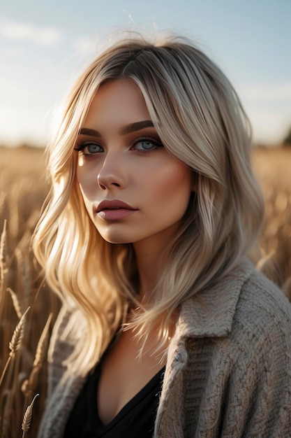 Photo ash blonde hair black highlights sunlight black bold large eyelines in field of cereal