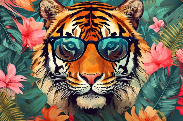 ashion tiger wearing sunglasses in hipster style on tropical background Beautiful tiger Summer seaml