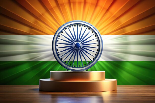 Photo ashoka chakra with tricolor podium background worm39s eye view