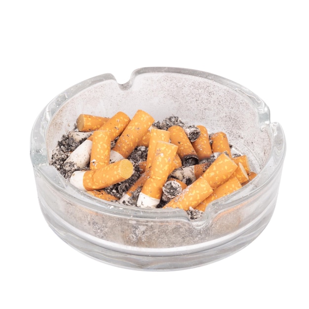 Ashtray cigarette tobacco smoke isolated on white background