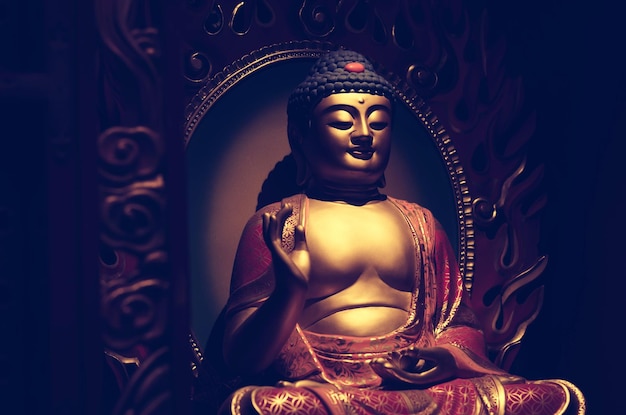 The asia golden buddha statue ancient art sculpture Buddhism with cool color developing background