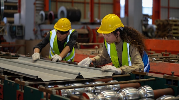 Asia Heavy industry Foreman factorial worker check metal steel roof after production in manufacturing factory production line