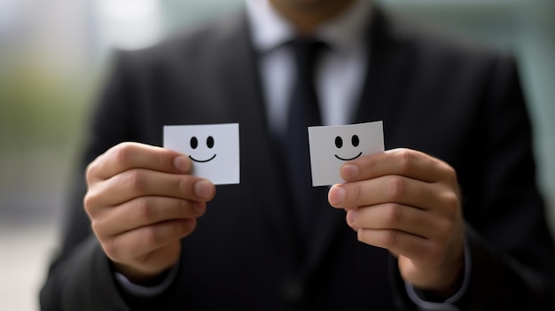 Asia a man in a suit holding up a card with a smiley face on businessman holding up a smiley face Ge