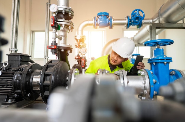 Asia oil and gas production control engineer or supervisor with digital pad monitoring natural gas supply and distribution in refinery Installation view of natural gas refinery pipes