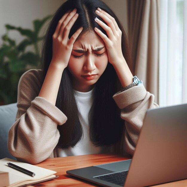 Asia Woman has headache while works from home