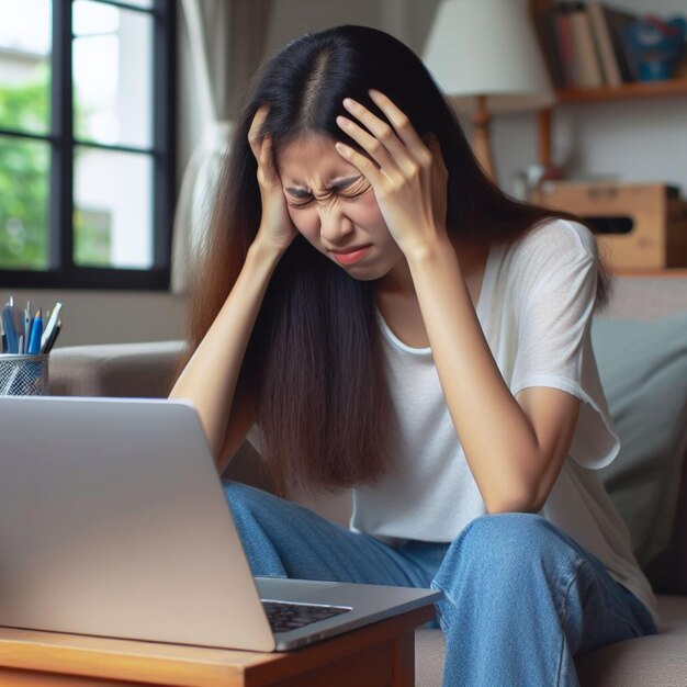 Asia Woman has headache while works from home