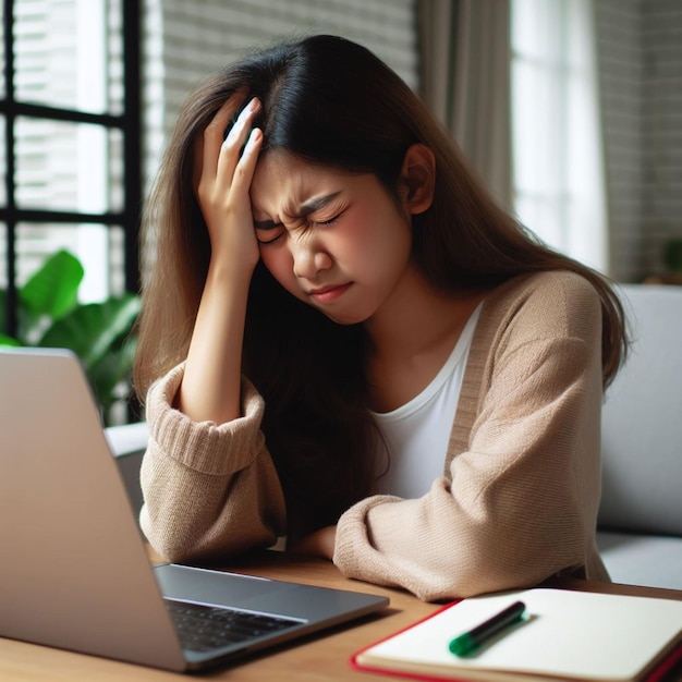 Asia Woman has headache while works from home