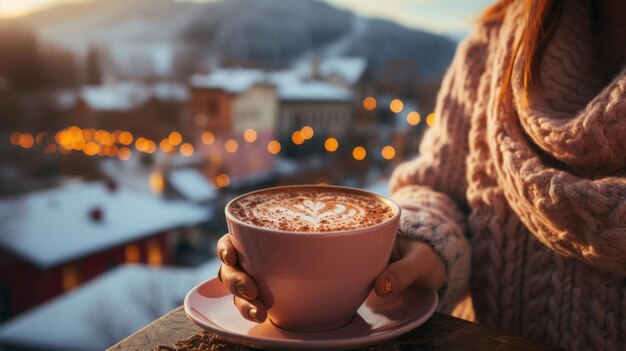 Asia a woman holding a cup of hot chocolate a winter scene a ski resort