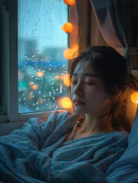 asia woman sleep on bed room nigh dream woman not wet outside the window have rain