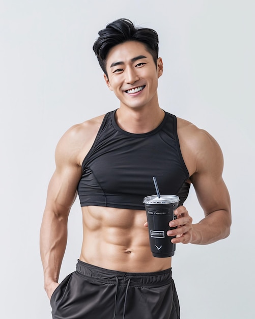 Asian athletic man smiling and holding a healthy drink on a studio background