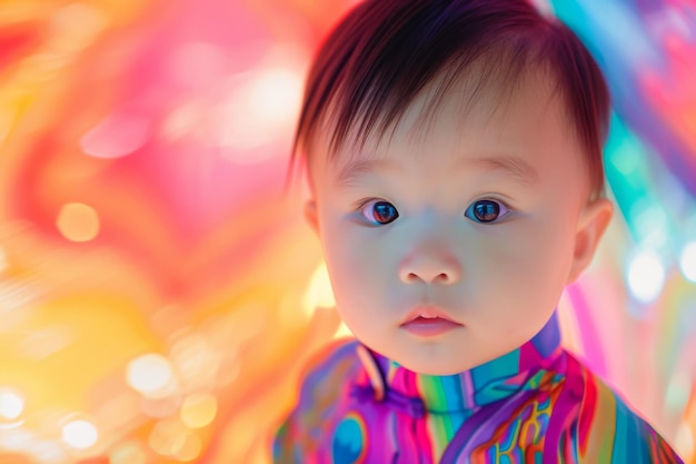 Asian Baby In Colorful Clothes Poses Against Vibrant Background Inspired By Modern Technology