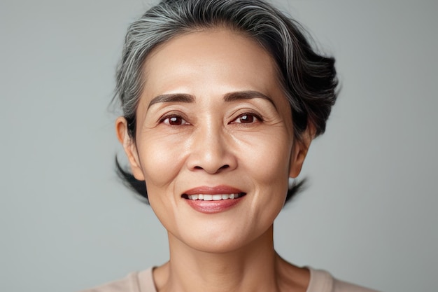 Asian beautiful gorgeous 50s mid aged mature woman looking at camera isolated on white Mature old lady close up portrait Healthy face skin care beauty Generative Ai