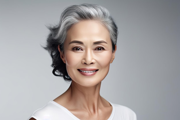 Asian beautiful gorgeous 50s mid aged mature woman looking at camera isolated on white Mature old lady close up portrait Healthy face skin care beauty Generative Ai