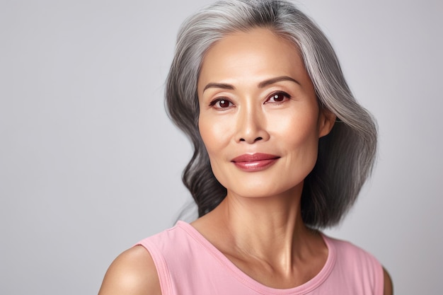 Asian beautiful gorgeous 50s mid aged mature woman looking at camera isolated on white Mature old lady close up portrait Healthy face skin care beauty Generative Ai