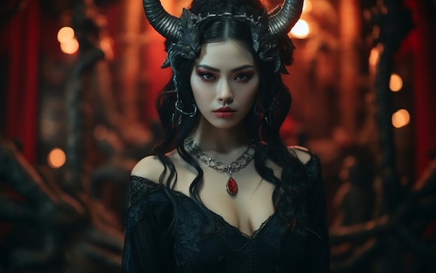 Asian Beautiful Young Devil Woman with Devils Generative AI