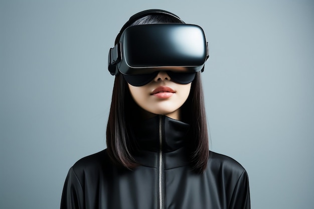 Asian Beautiful young female Wearing Virtual reality headset with clear background