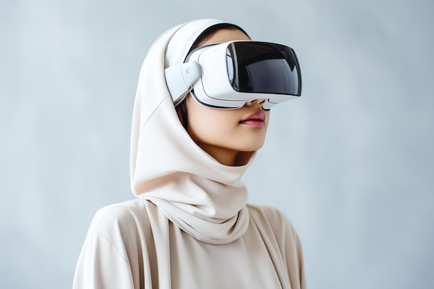 Asian Beautiful young female Wearing Virtual reality headset with clear background