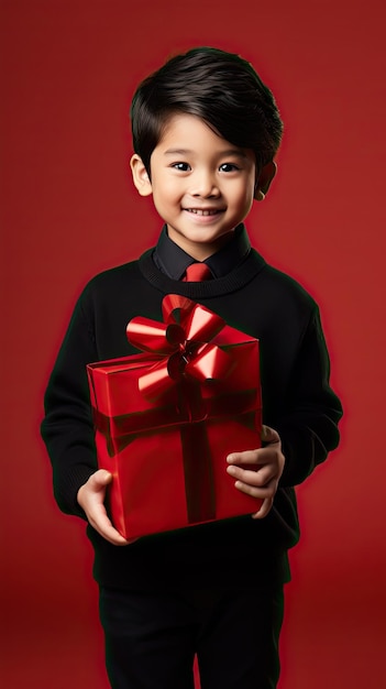 Asian boy holding a Christmas giftbox