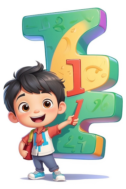 Asian Boy Holding Math Number One Cartoon Character