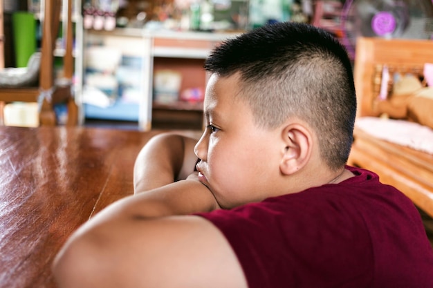 Asian boy Kid sad face Unhappy child looking out Emotion sad and sad face