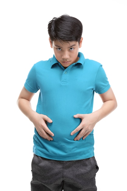 An Asian boy wearing a blue shirt is doing some gesture.