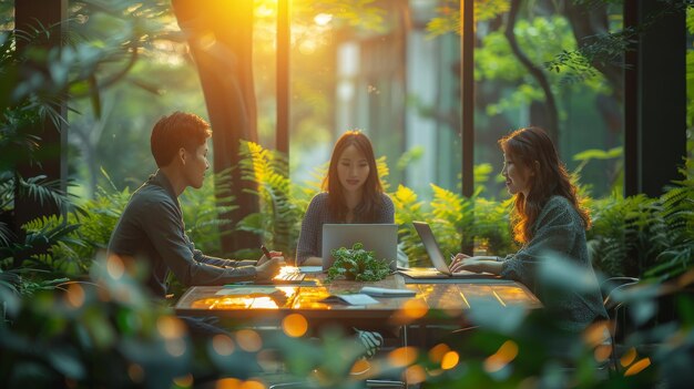 Photo the asian business community with strong teamwork establishes an outdoor eco business office in a natural park to develop environmentally friendly and sustainable technology projects for a more