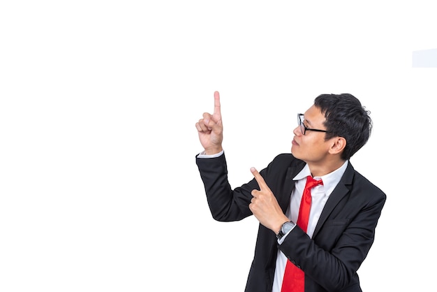 Asian business man acting excited and pointing fingers on white isolated background