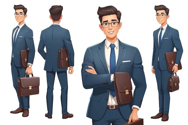 Asian business man concept of cartoon character in office style clothes Handsome businessman holds briefcase and laptop