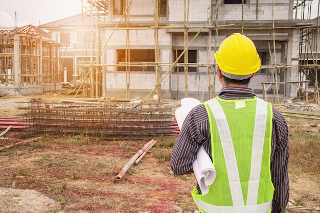 Asian business man construction engineer worker at house building site