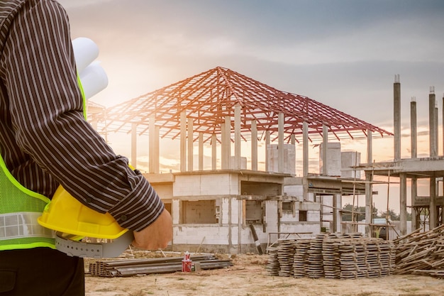 Asian business man construction engineer worker at house building site