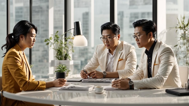 Asian business three people meeting discussing their visionary ideas at a stylish white desk