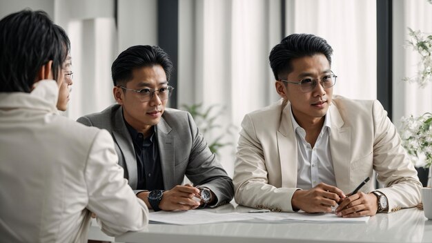 Asian business three people meeting discussing their visionary ideas at a stylish white desk