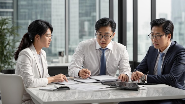 Asian business three people meeting three Asian finance professionals in deep discussion about marke