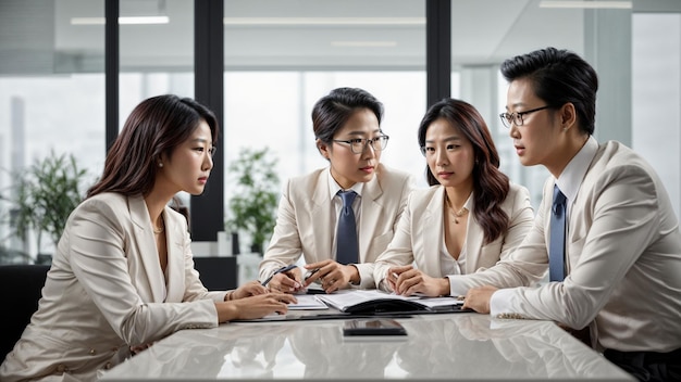 Asian business three people meeting three Asian finance professionals in deep discussion about marke