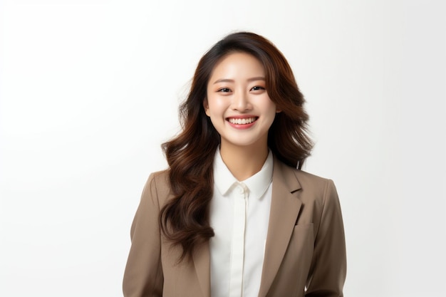 Asian business woman laughing wearing brown suit