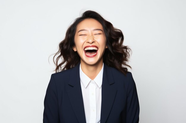 Asian business woman laughing wearing navy suit