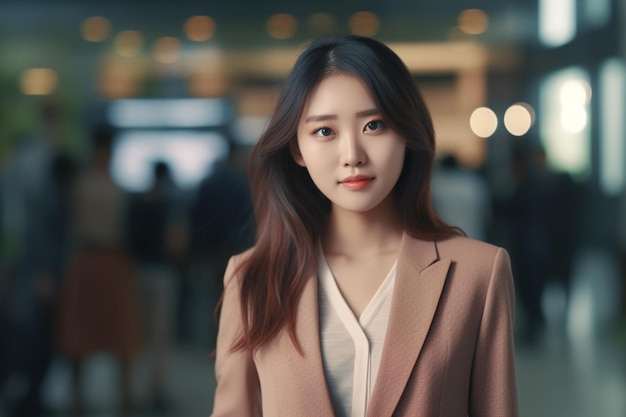 Asian business woman in a pink coat stands in a blurry background