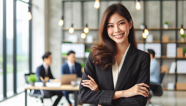 Asian business woman standing smiling in the office