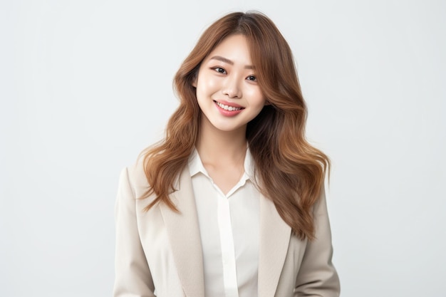 Asian business woman wearing beige blazer smiling on white background