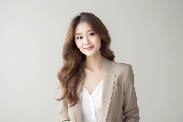 Asian business woman wearing beige blazer smiling on white background