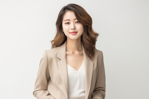 Asian business woman wearing beige blazer smiling on white background