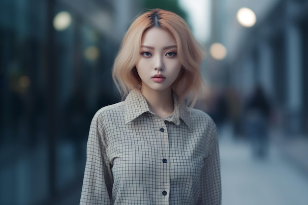 Asian business woman with blonde hair and a checkered shirt stands in the street