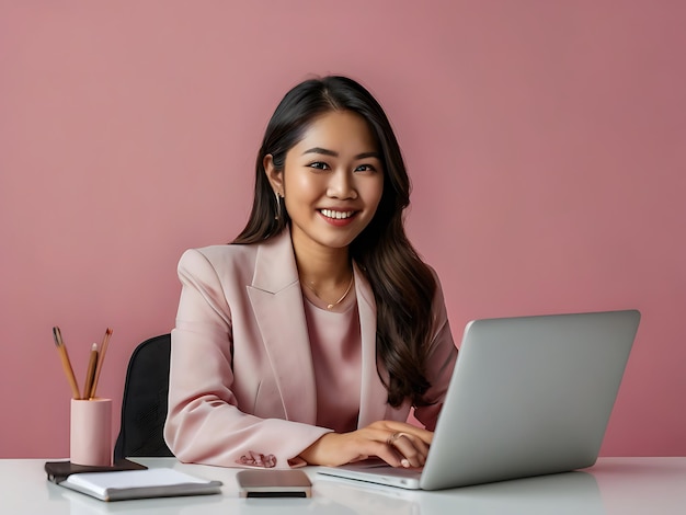 Asian business woman working on a laptop in pink background