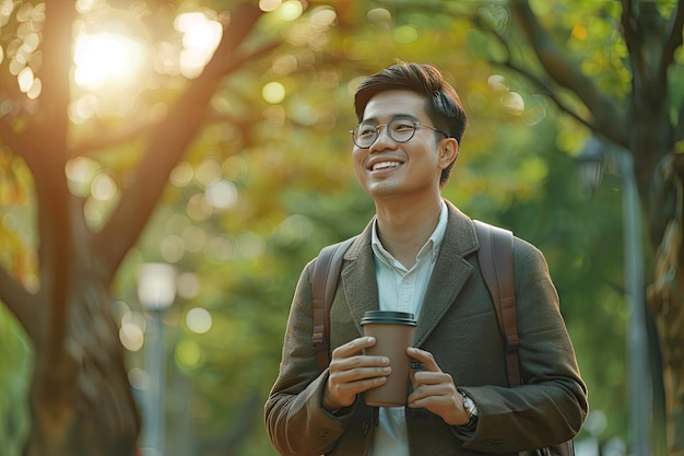 Asian Businessman with EcoFriendly Cup and Mobile in Park